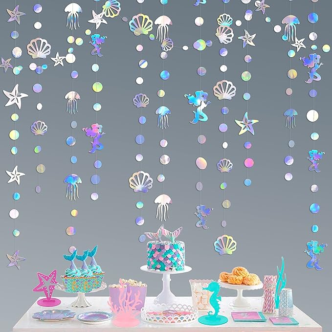 40 Ft Iridescent Mermaid Garland with Jellyfish Seashell Starfish Pearl Holographic Paper Streamer for Little Mermaid Rainbow Theme Birthday Bachelorette Baby Shower Under the Sea Party Decorations