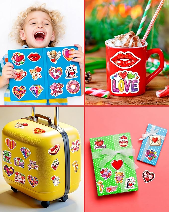 100 PCS Valentines Stickers for Kids, Bulk Heart Stickers for Valentines Day Gifts for Kids Classroom School Exchange, Vinyl Decals, Crafts, Party Favors, Goodie Bags Decorations