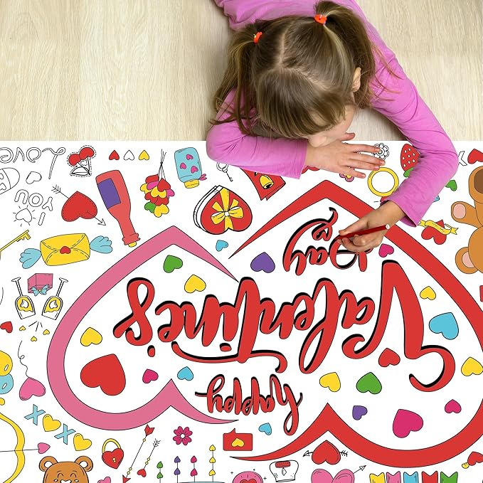 Valentines Day Large Coloring Tablecloth, Valentine's Day Giant Coloring Poster for Classroom Activity and Home Party Favors, 30x72 Inch
