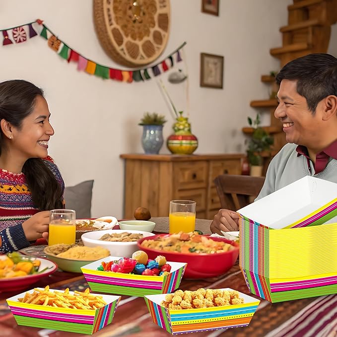 50 Pcs Mexican Taco Food Trays, Disposable Cinco De Mayo Paper Tray Fiesta Theme Party Decorations, Colorful Mexican Stripe Design Kitchen Decor Fiesta Ware Dinnerware for Mayo Party Supplies
