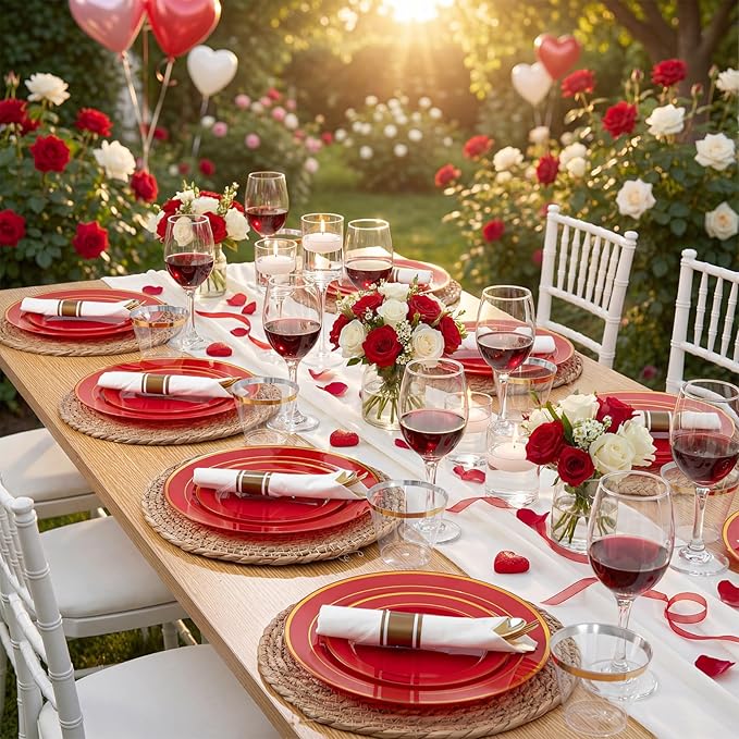 175 Pieces Red Plastic Plates with Gold Rim Include Dinner Plate 10? Dessert Plate 7? gold Cups 9 OZ, Pre Rolled Napkins 25 of each type for Wedding Baby Shower Spring Birthday