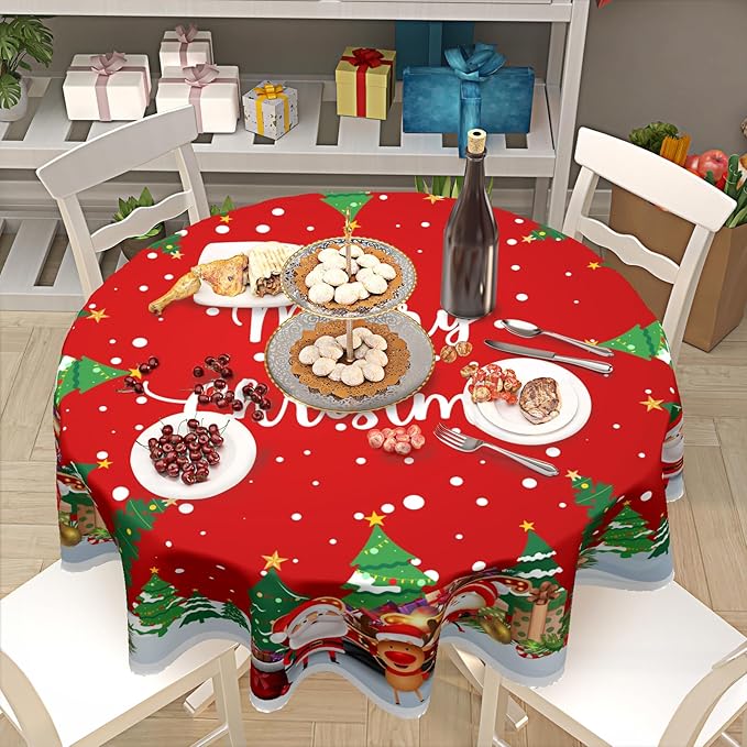 Red Merry Christmas Round Tablecloth 70 Inch Snowman Pattern Circle Table Cloth Winter Holiday Table Cover Washable Polyester Decorations for Home Kitchen Dinning Party