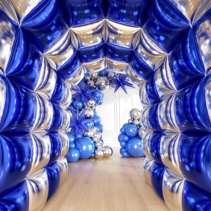 50pcs Navy Blue and Silver Square Foil Balloons Wall Backdrop with 147pcs Dark Blue and Silver Balloon Garland Arch Kit, Double Sided Balloon Tunnel for Birthday Graduation Party Decorations