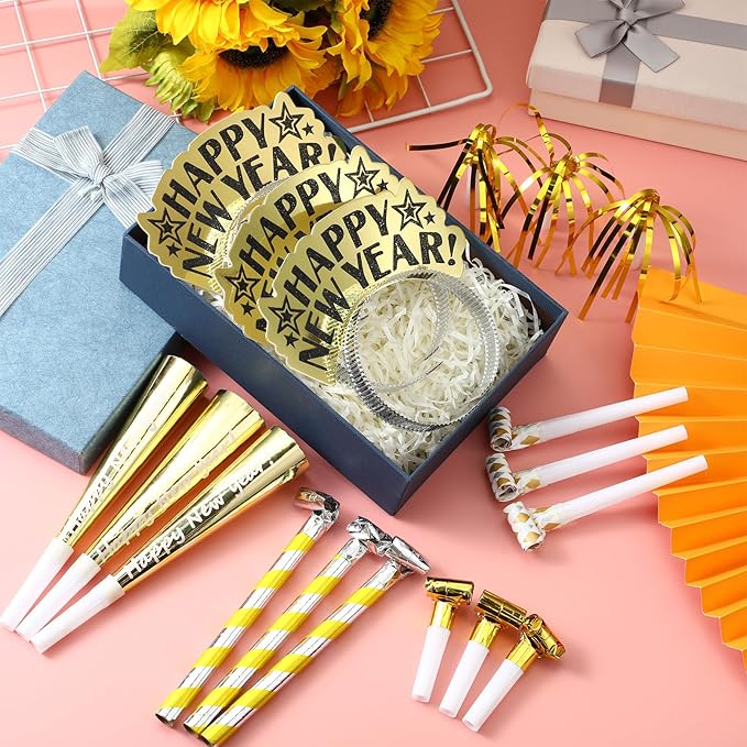 Lenwen 18 Pcs Happy New Years Eve Party Supplies New Year Noise Makers Headband Tiara Party Horn Blowers Whistles Fringed Noisemaker Novelty Favors for Adult Decoration(Gold)