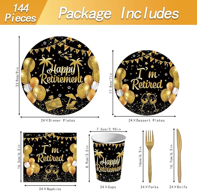 144PCS Happy Retirement Party Supplies Black Gold Retirement Tableware Set Retired Party Decorations Including Paper Plates Napkins Cups Forks Serve 24 for Men Women