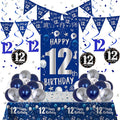 12th Birthday Decorations for Boys Girls, Blue Silver Happy 12th Birthday Party Decorations Supplies - Happy 12 Birthday Backdrop Banner Tablecloth Triangle Flag Balloons for 12 Year Old Party
