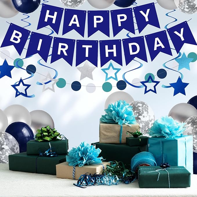 ZHENGYE Blue Birthday Decorations Set Happy Birthday banner Hanging Swirls Circle Dot Garland Confetti Latex Balloon Birthday Party Decoration Supplies