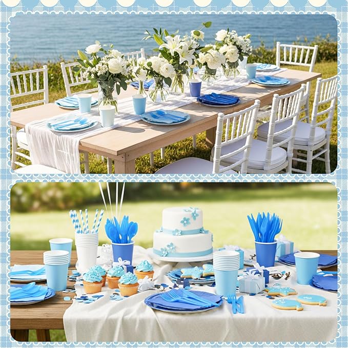 Zhehao 350 Pcs Blue Party Supplies Set Blue Disposable Tableware Kit with Plates, Cups, Napkins, Cutlery in Natural Earth Tones for Baby Shower, Birthday, Wedding Forest Events