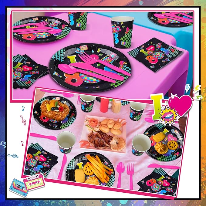 Yungyan 252 Pcs Retro 80s Plates and Napkins Set I Love the 1980s Party Decorations Back to the 80s Napkins Plates Cups Knives Spoons Forks 1980s Neon Party Tableware Supplies Serves 36 Guests