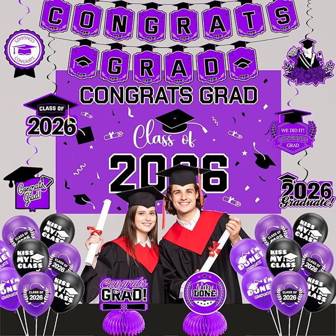Graduation Decorations 2026 Purple Themed Set - Congrats Grad Banner, Class of 2026 Backdrop, Balloons & Streamers Kit - Complete Party Supplies for High School & College Celebrations