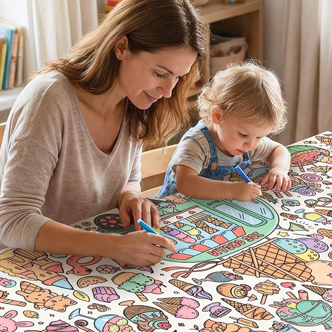 Ice Cream Giant Coloring Poster/Tablecloth, 30 x 72 Inch Summer Theme Craft for Kids Art Crafts Paper Banner Kids Games Activities,Coloring Tablecloth Crafts for Classroom Wall School Home Parties