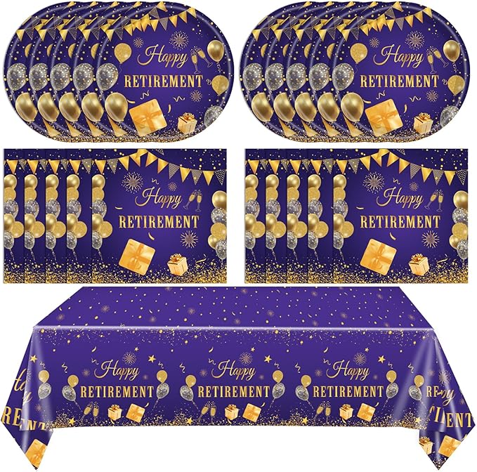 41PCS Retirement Party decorations Purple and Gold Disposable Tablerware Decoration Favors Including Paper Plates Napkins and Tablecloth Set for Women Retirement Table Decorations Party Supplies