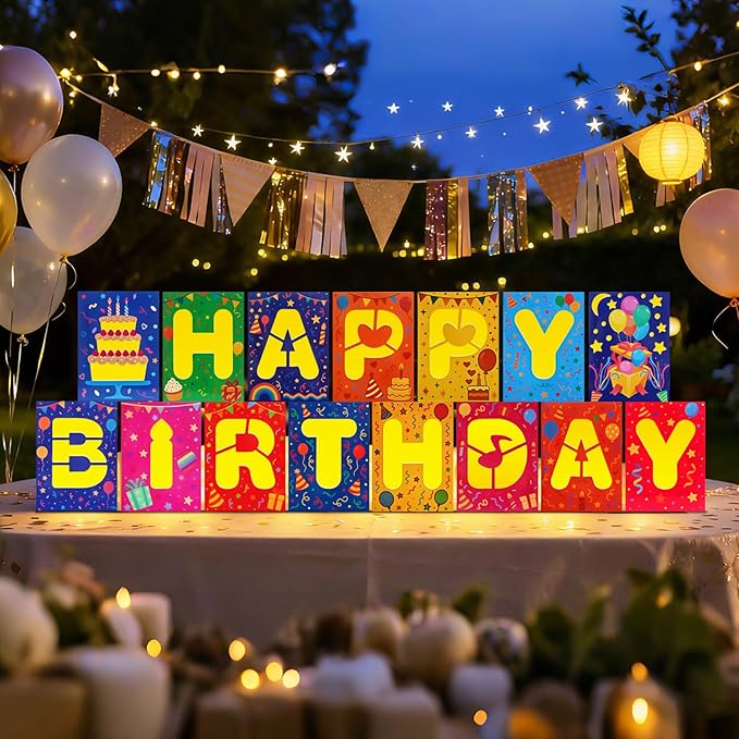 Birthday Decorations,15 PCS Happy Birthday Light-Up Paper Boxes - Reusable Cardboard Party Decor for Kids & Adults, Perfect for Birthday Parties, ndoor & Outdoor Celebrations