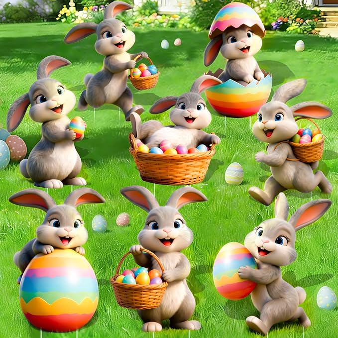 8 Pcs Easter Yard Signs with Stakes, Large Outdoor Easter Bunny Decorations in 8 Styles Featuring Cute Rabbits and Eggs, Sturdy and Waterproof Bunny Yard Lawn Garden Decor for Easter Party