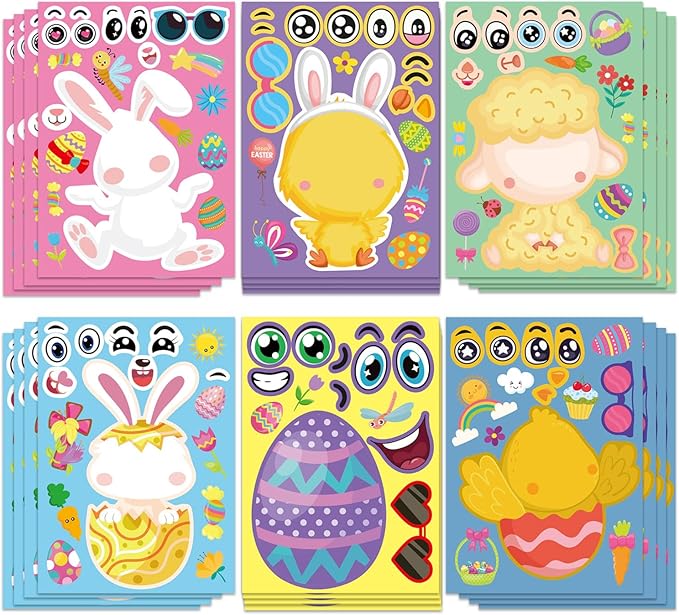 24 PCS Easter Make a Face Stickers for Kids with Chick Bunny Sheep Egg Pattern, Make Your Own Sticker, Easter Stickers for Kids Activitie Party Supplies Exchange Gifts