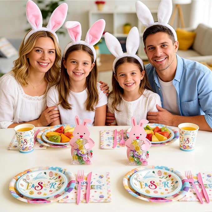 Mostop 80 Pcs Easter Tableware Set Party Supplies for 10 Guests Disposable Paper Plates, Cups, Napkins Forks Set Decorations for Easter Party Spring Holiday Picnics