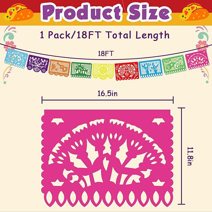 OHOME Cinco De Mayo Decorations - Papel Picado Banner Streams | Mexican Theme Birthday Backdrop Flag Para Fiesta Party Decorations for Taco Accessories Decor Party Favors Supplies