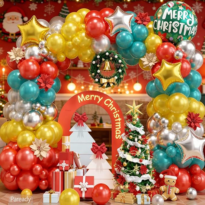 Christmas Balloon Arch Kit, Pearl Red Teal Blue Gold Silver Balloons Garland Arch with Metallic Silver Balloons, Round Garland Santa Claus Stars foil Balloon for Christmas New Year Party Decorations