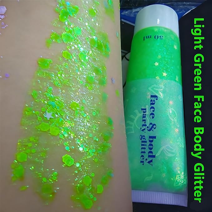 Go Ho Light Green Face Body Glitter,St Patricks Day Accessories - Sparkly Face Hair Glitter Makeup,Green Face Paint,Holographic Chunky Sequins Glitters for Eye Lip Hair