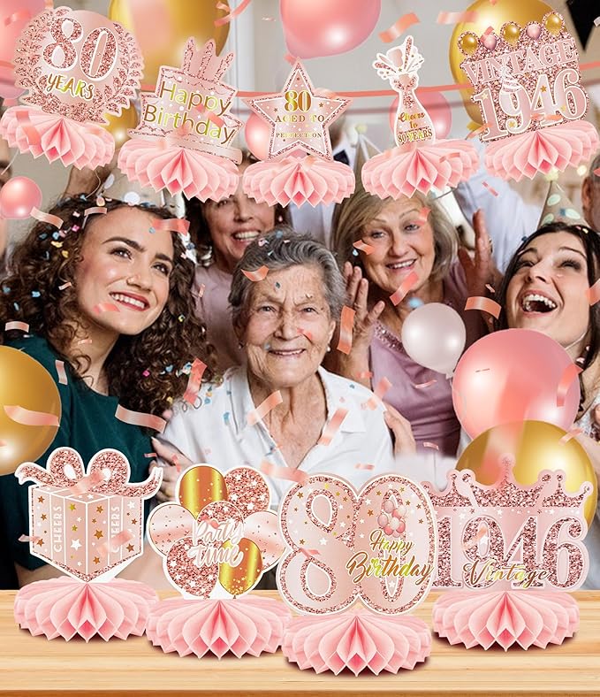 9 Pcs 80th Birthday Decoration for Women Happy 80th Birthday Table Honeycomb Decorations Rose Gold Pink Centerpieces Tables Toppers1946 Decor Cheers to 80 Years Old Birthday Party Favors
