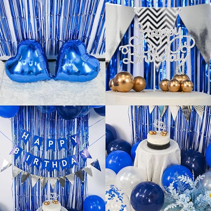 Blue Silver Birthday Decoration for Men,Navy Blue White Balloons Heart Foil Balloons Happy Birthdays Banner Fringe Curtain for Birthday Party Decorations