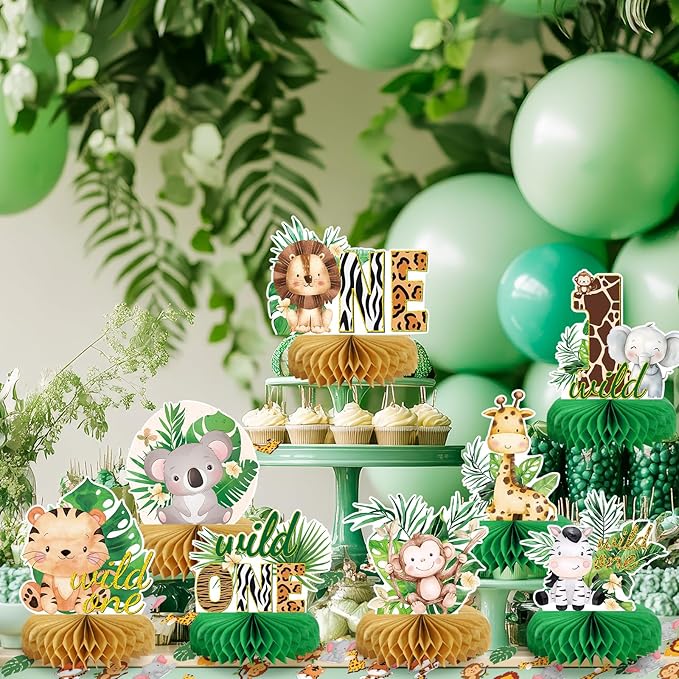 Wild One Birthday Decorations Jungle Baby Shower Honeycomb Centerpieces for Boys and Girls,8 Pcs Safari Centerpieces and Confetti Table Decorations, Safari Jungle Animals Party Decor