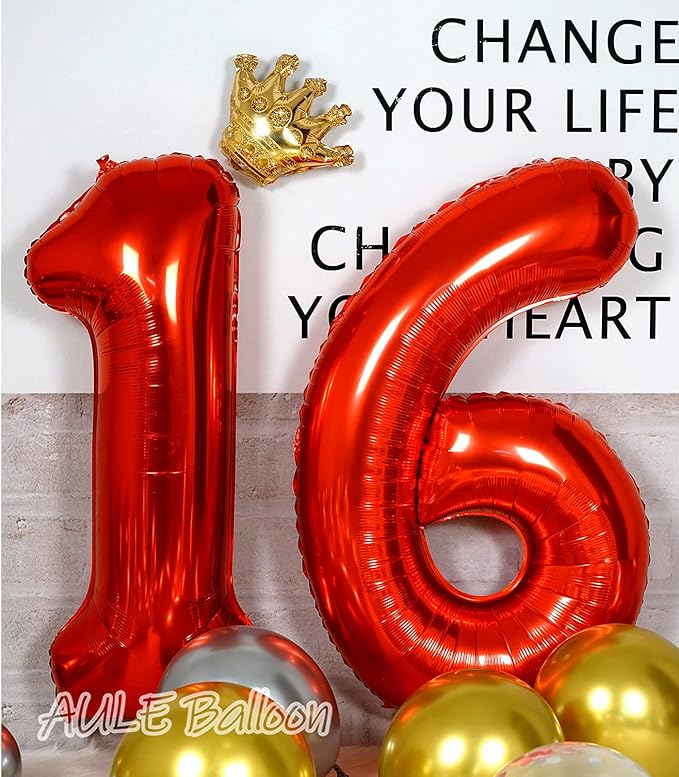 AULE 40 Inch Big Red Foil 16 Number Balloons for Girl Large 16th Happy Birthday Decorations Giant Huge Helium Mylar 61 Anniversary Party Decor