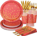 168Pcs Red and Gold Party Decorations, Red Plates and Napkins Party Supplies Serve 24, for Birthday Chinese New Year, Valentines, Mardi Gras