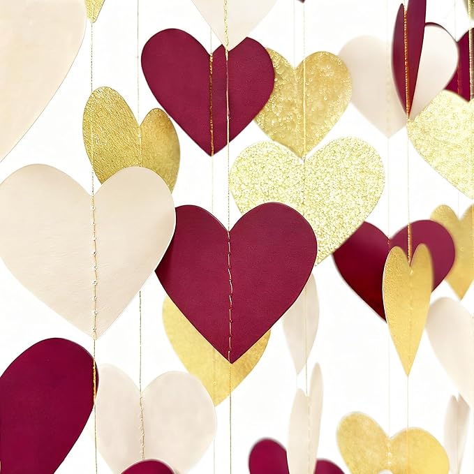 Maroon Gold Party Decorations Burgundy Beige Glitter Gold Paper Love Heart Hanging Banner Garland Streamer for Birthday Wedding Anniversary Engagement Valentines Day Graduation Garnet Party Supplies