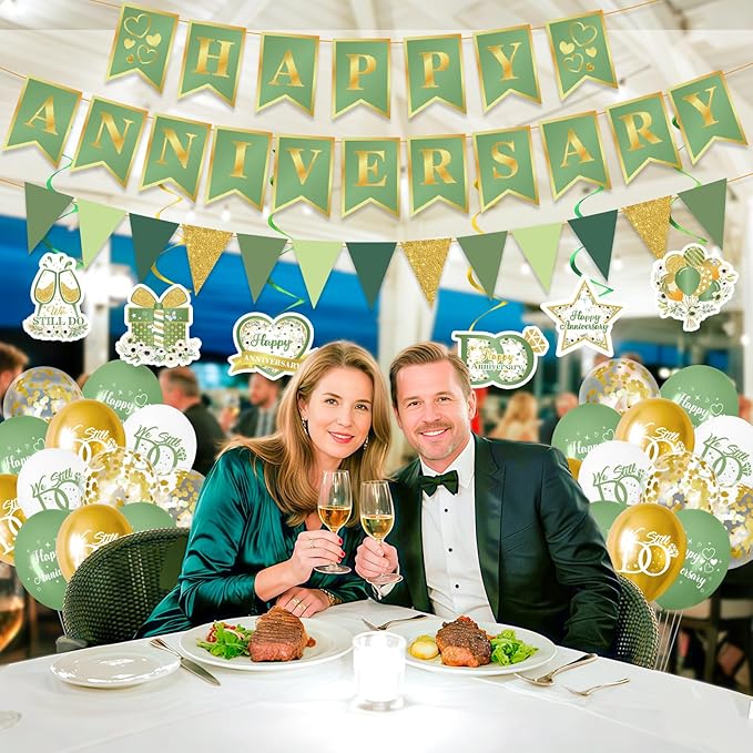 Green Happy Anniversary Decorations, Sage Green Happy Anniversary Banner Balloons First Year Anniversary Hanging Decor Wedding Party Backdrop for Marriage Celebrations Surprise Events Party Supplies