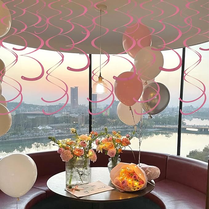 Pink Ceiling Swirl Foil Decorations Hanging Plastic Streamer Themed Swirl Party for Valentine's Carnival Celebration, Pack of 28