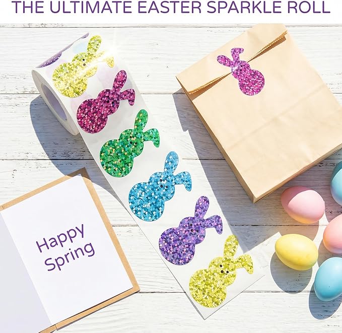 500 PCS Bling Sparkly Easter Bunny Stickers - 1.5'' x 0.8'' Large, 1 Roll of 5 Colors | Easter Basket Essentials Stuff, Waterproof Self-Adhesive Rabbit Stickers for Holiday Cards Boxes Seal Envelopes