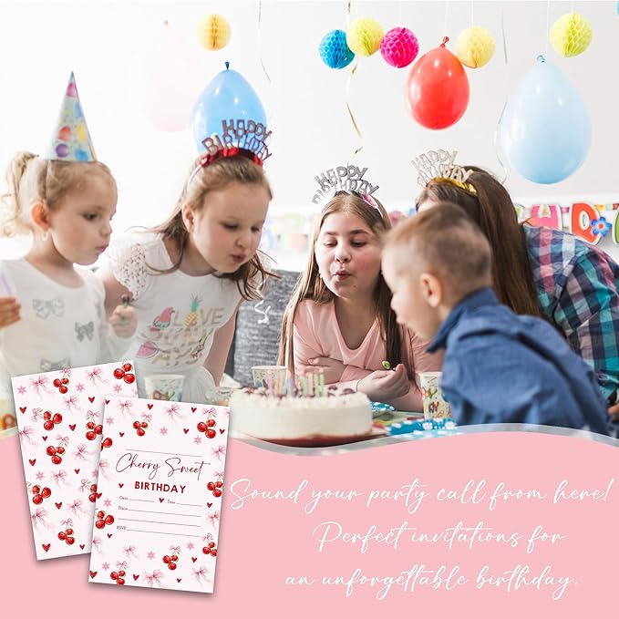 Cherry Sweet Birthday Party Invitations - 20-Pack of 4''x6'' Cherry & Bow Invite Cards with Envelopes, Double-Sided Fill In Birthday Party Celebrate Supplies & Decoration For Girls Women Teens - A02