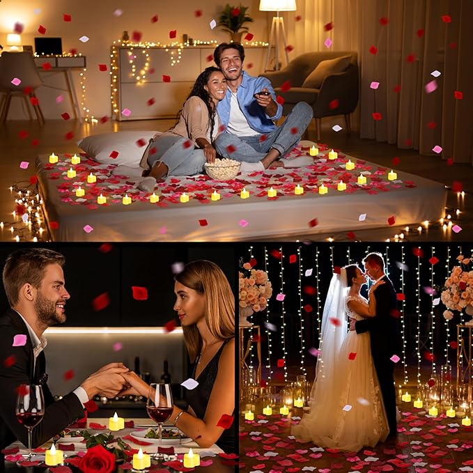 VIHOSE 4000 Pcs Artificial Rose Petals with 24 Pcs LED Tea Lights Candles Flameless LED Candles Fake Rose Petals for Wedding Birthday Party(Yellow Light, Bright Color Petal)
