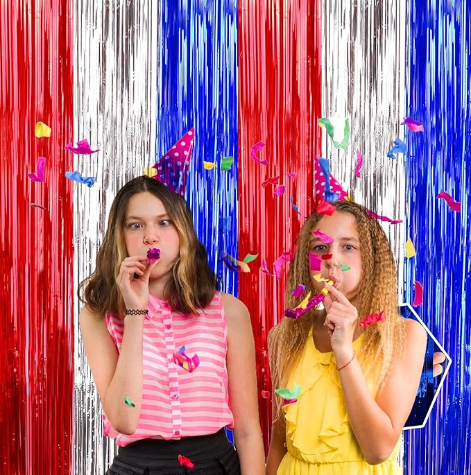 July 4th Party Decorations, Curtain Tinsel Streamers Birthday Decoration, Blue Silver Red Backdrops for Independence Day, Colourful Photo Props for 2025 Graduation Decoration, 2Pack 3.28X6.56Ft