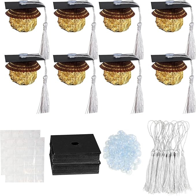 Gyufise 36Pcs 2026 Graduation Cap Cupcake Toppers with Tassel Adhesive Dots Chocolate Decorations Class of 2026 Congrats Grad Cap Cupcake Decorations for 2026 Graduation Theme Party Supplies Silver