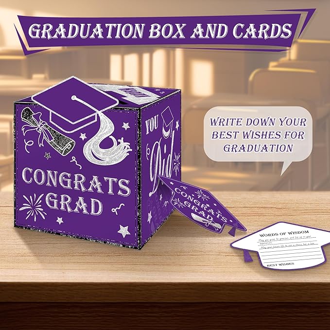 AYGXU graduation card box 2026 with 30pcs graduations cards,Graduations party Decorations,graduation box for gifts and Cards,graduations money box,Graduation Party Supplies-purple box