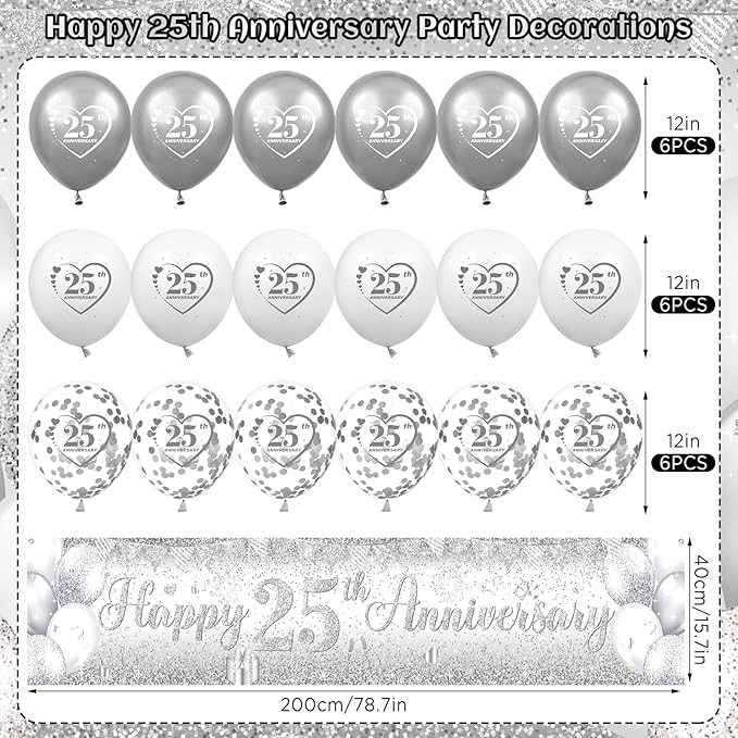 Silver 25th Wedding Anniversary Decorations for Men Women Silver Happy 25th Anniversary Banner and 18Pcs Balloons for 25 Years Wedding Party Decoration Supplies