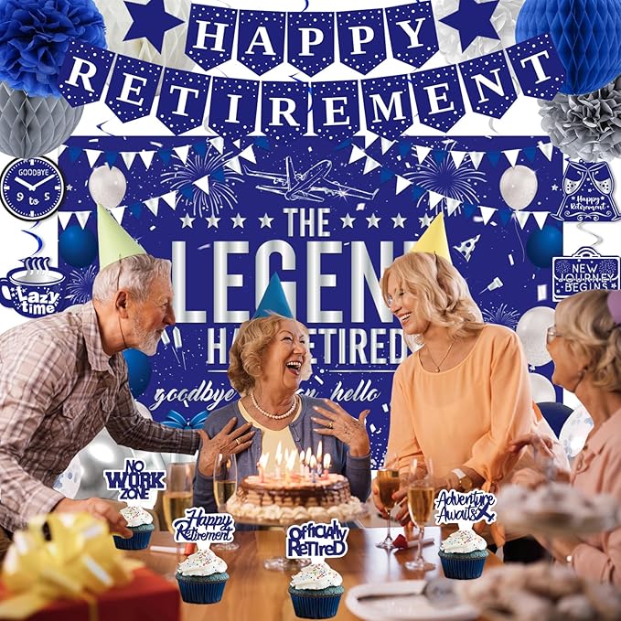 Retirement Party Decorations Blue Silver Happy Retirement Decorations for Men Women, Happy RetIrement Banner, Retired Backdrop, Balloons, Pompoms, Hanging Swirls, Retired Cards, Cake Toppers Set 54pcs