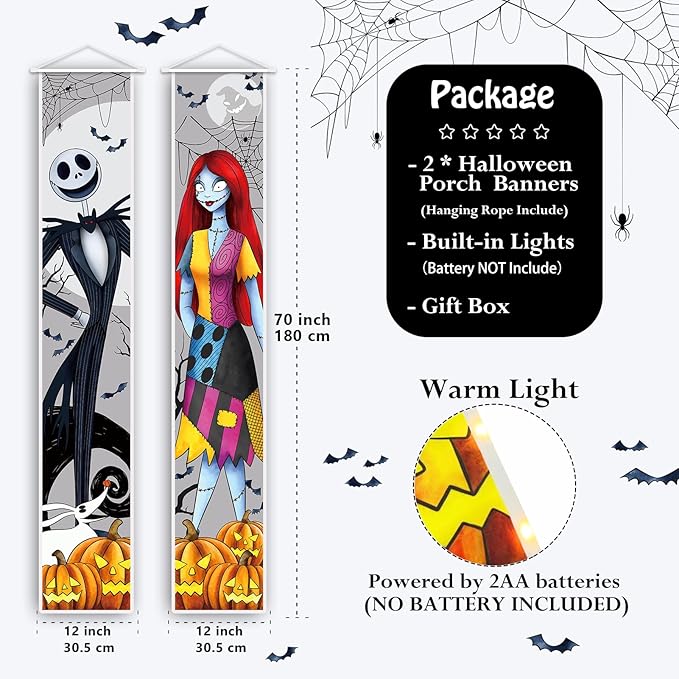 Jack Sally Lighted Banners Porch Signs Halloween Decor Christmas Nightmare Banner Decorations Outdoor Party Tivee-J-H2