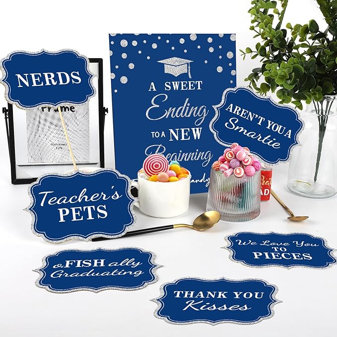 Graduation Candy Buffet Labels for Grad Party Decorations, Graduation Candy Bar Dessert Food Label Signs Set, Class of 2026 Grad Parties Table Decor Supplies (Blue and Silver)