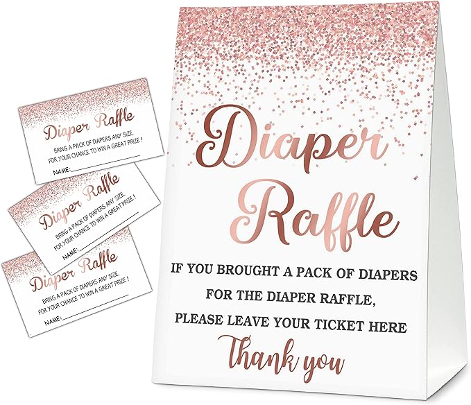 Diaper Raffle For Baby Shower, Pink Rose Gold Cards, 1 Sign & 50 Guess Cards Kit, Party Favors, Decorations, For Baby Shower Reveal Gender Game to Bring a Pack of Diapers - DIAPER-003