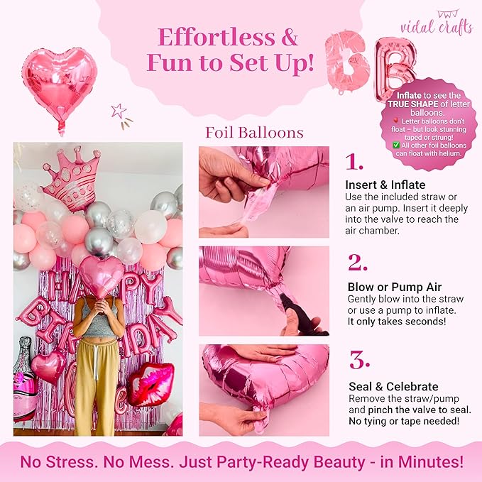Vidal Crafts Pink Birthday Decorations – 71-Piece Happy Birthday Decorations with Latex, Foil & Confetti Balloons, Happy Birthday Banner & Foil Fringe Curtains for Fun Birthday Parties