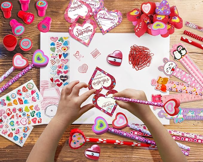 Valentine Gifts for Kids School, 28 Packs Stationery Set from Teachers to Students, Valentines Kids Gift Set Cards with Stickers, Pencils, Erasers, Valentine's Day Classroom Exchange Party Favor Toy