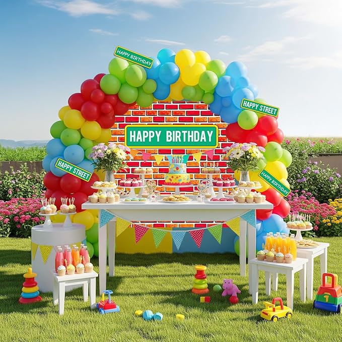 Sesame Friends Birthday Party decorations 140Pcs Cartoon Theme primary color Balloon Garland Kit with red brick wall Backdrop and birthday sticker for Boys Girls Sesame Theme kids Party supplies