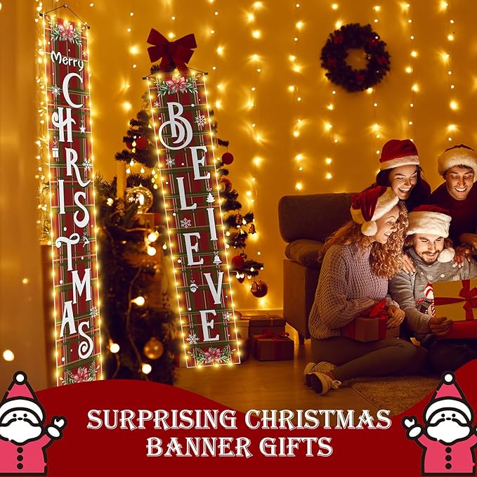 Mixweer 2 Pcs Lighted Christmas Hanging Banner Porch Sign Outdoor Decorations Merry Christmas Believe Yard Sign Red Green Buffalo Plaid Snowflake Porch Banner Xmas Holiday Door Garden Signs