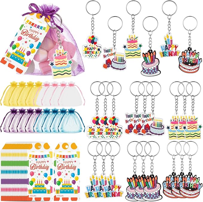 24 Set Happy Birthday Goodie Bags for Kids Happy Birthday Keychain Gifts with Organza Bags and Card for Students Key Chain Classroom Reward Gift Party Goodie Bag Stuffers Gift