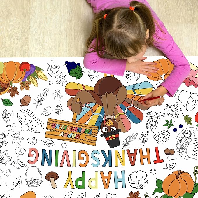 Thanksgiving Coloring Posters,Fall Turkey Coloring Paper Tablecloth for Thanksgiving Decorations Party Home Activity Supplies,30 x 72 Inch