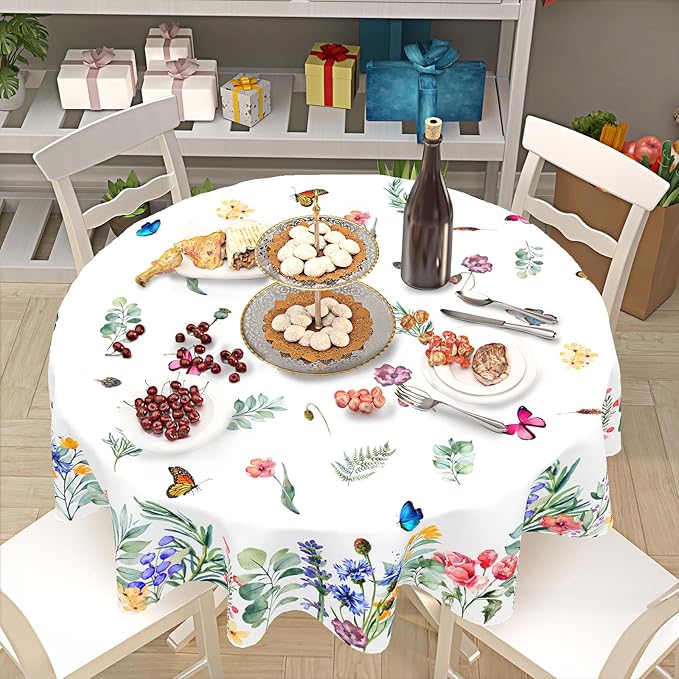 Spring Summer Floral Round Tablecloth 60 Inch Wildflower Butterfly Table Cloth Washable Farmhouse Table Covers Holiday Table Cover for Kitchen Party Dinner Home Decor