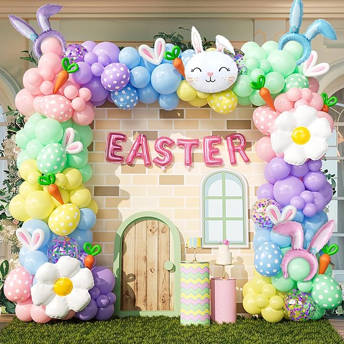 Bonropin 162pcs Easter Balloon Arch Kit - Pastel Balloon Garland with Bunny, Ears, Daisy Foil, Printed Balloons for Baby Shower Party, Spring Birthday, Easter Decorations